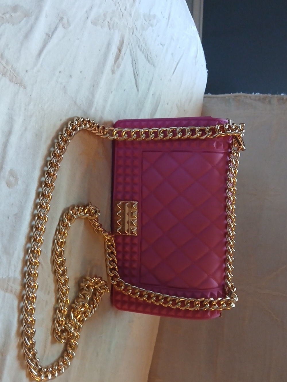 Gold Chain Jelly Quilted Pink Crossbody Bag